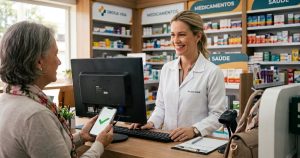 Farmacêutico validando receita digital em computador no balcão da farmácia conforme regras da RDC 1000 2025.